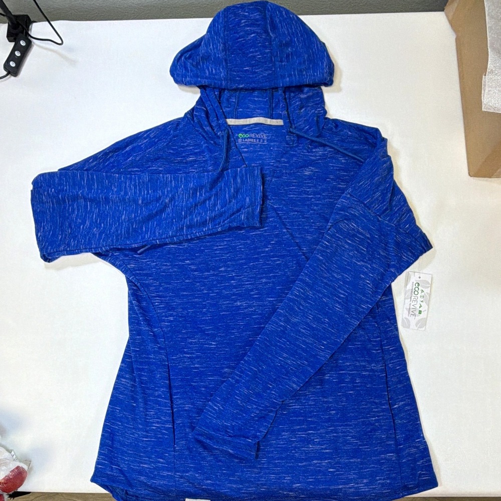 ecoREVIVE Women Blue Heather Pullover Hoodie Lightweight Logo V-Neck Raglan M